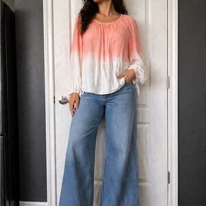 Women's Ombre Peasant Blouse in Coral and White